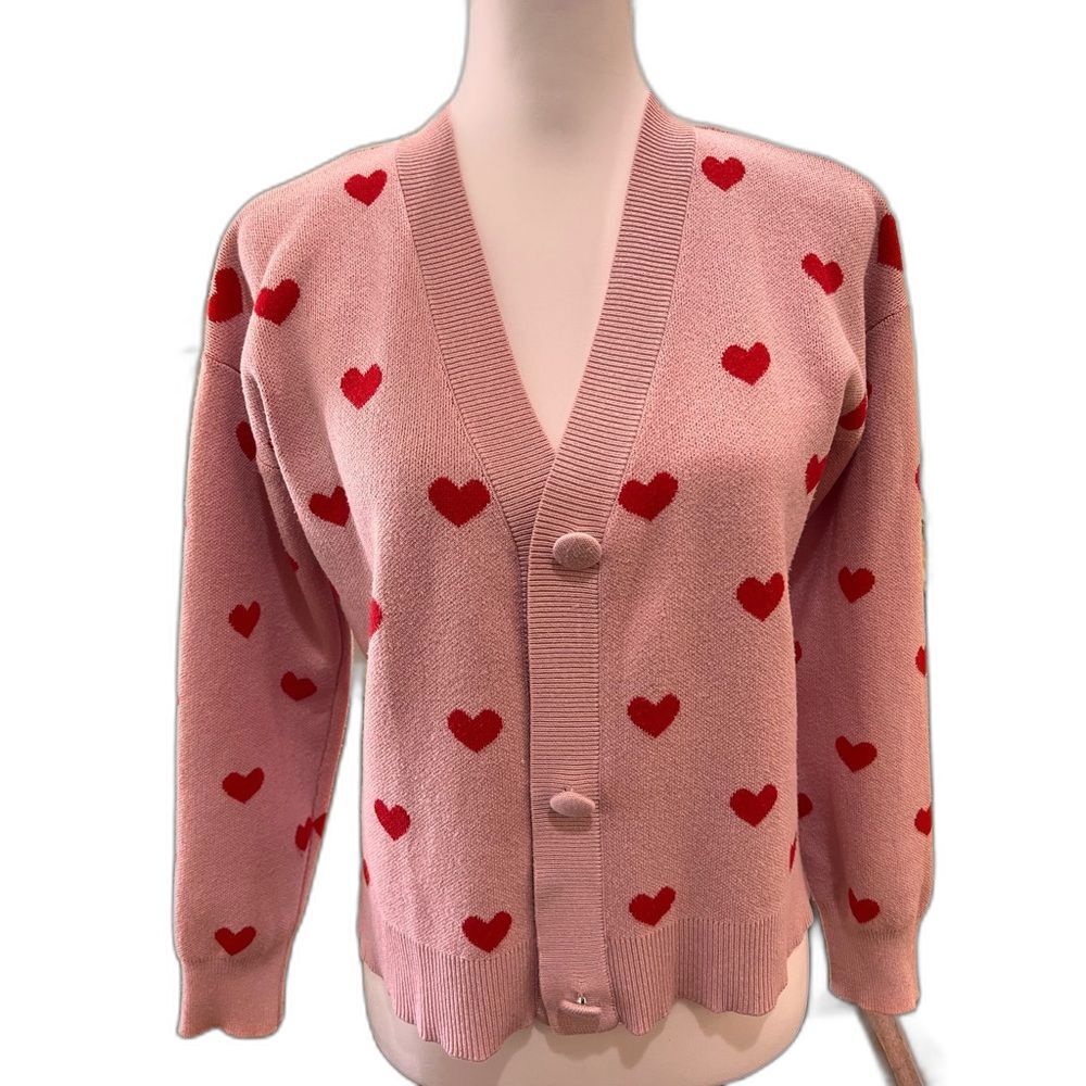 Heart Print Cardigan XS Pink Red Button Front V Neck Knit Romantic Valentine